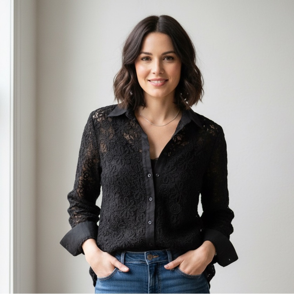 Zara Sz L Black Lace 3 D Semi Sheer Button Front Elegant Blouse